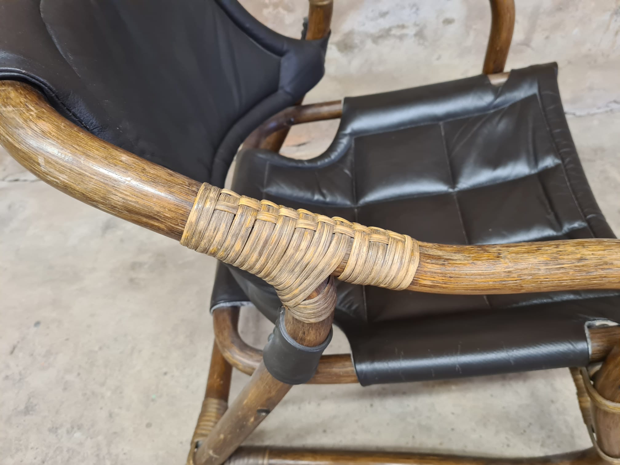 Pair of vintage skaï bamboo armchairs