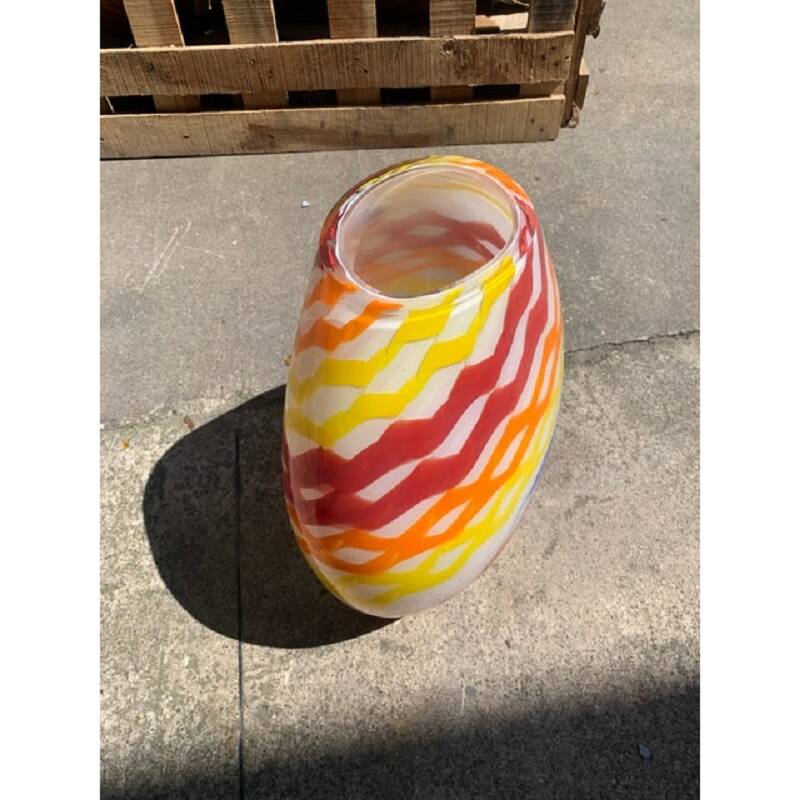 Contemporary abstract vase in milky white murano glass attributed with colored reeds