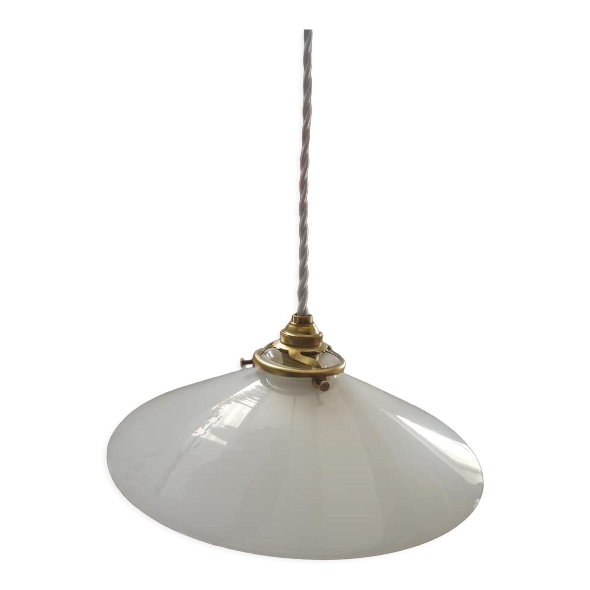 Suspension abat jour ancienne opaline blanche lisse esprit baladeuse Art déco 1930 TBE ø 25 cm