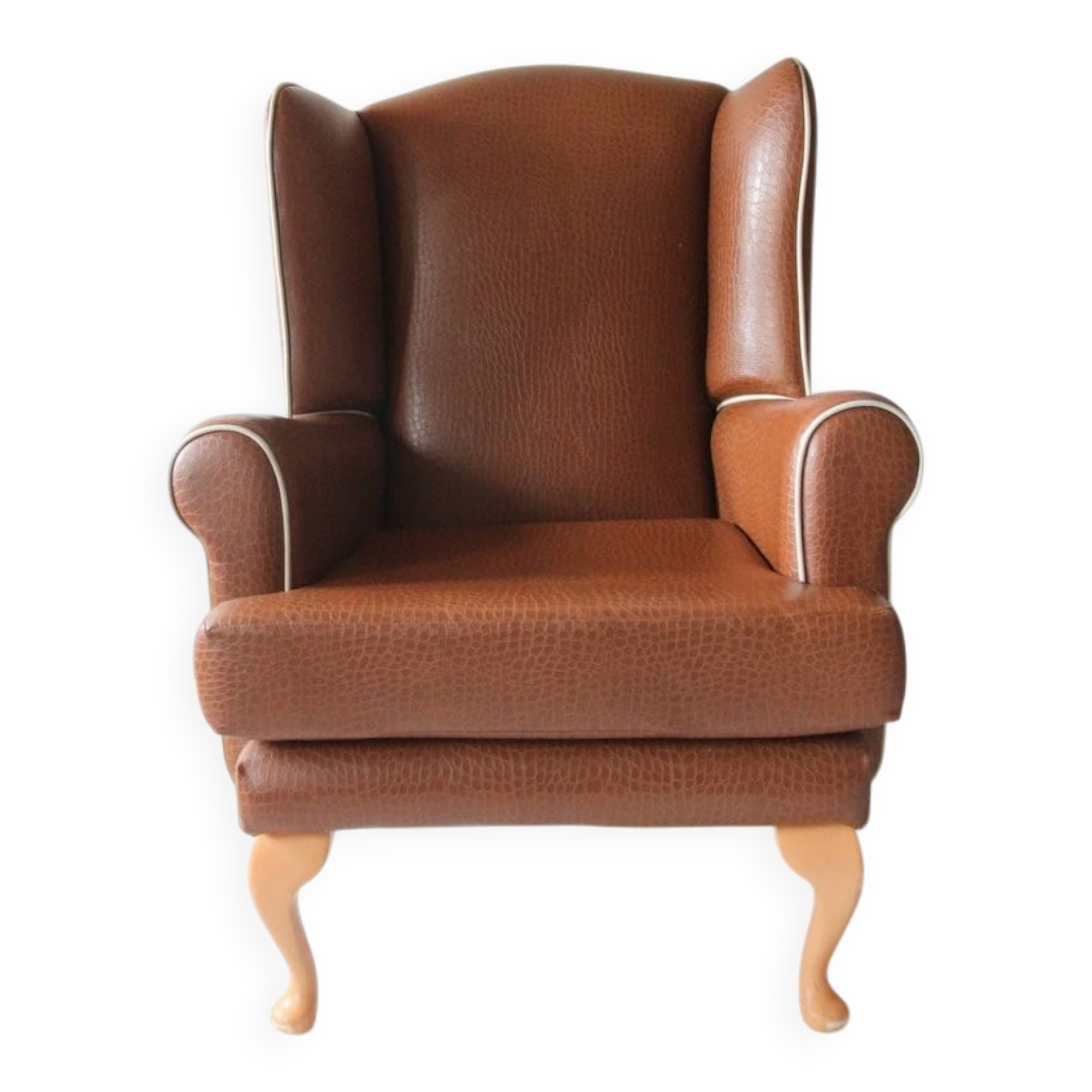 Vintage brown leatherette wingback armchair set, light wood legs, 1960s.