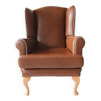 Vintage brown leatherette wingback armchair set, light wood legs, 1960s.