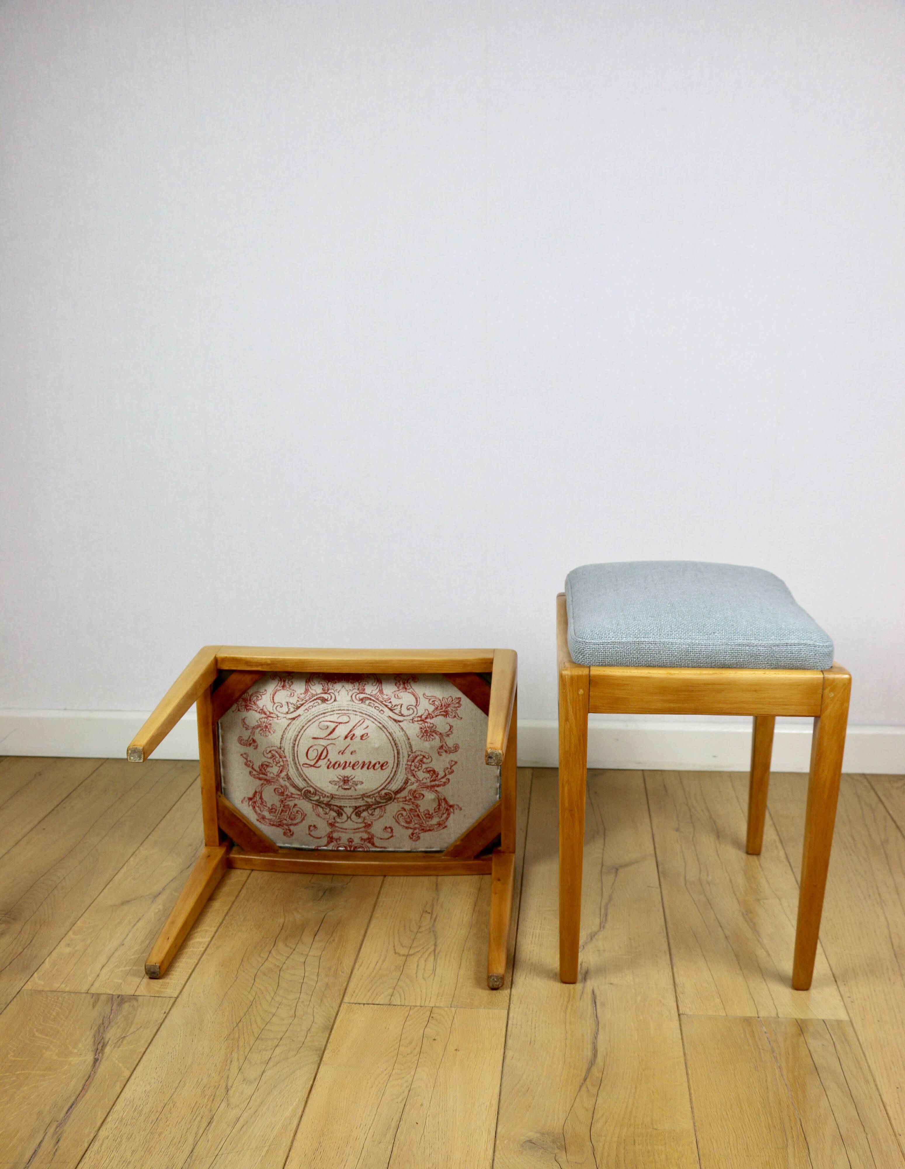Stool seat light blue natural fabric Art Deco - 2 pieces available