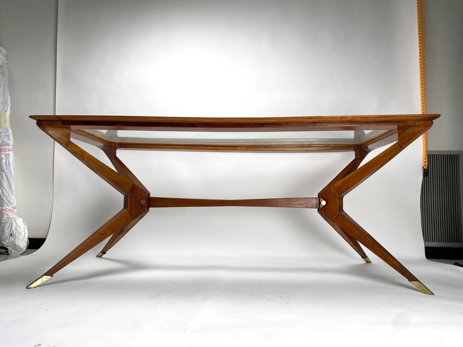 Vintage Italian Table in Wood and Brass by Turin School, 1950s