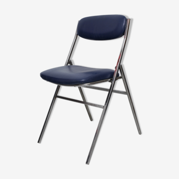 Folding blue skaï chair - chrome legs