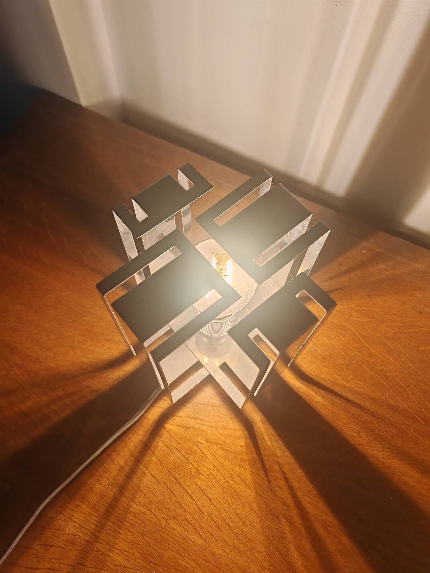 Vintage 70s chrome cube lamp – Brutalist / Space Age style + Bulb