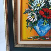 Oil painting on canvas, bouquet of flowers in a framed vase, signed.