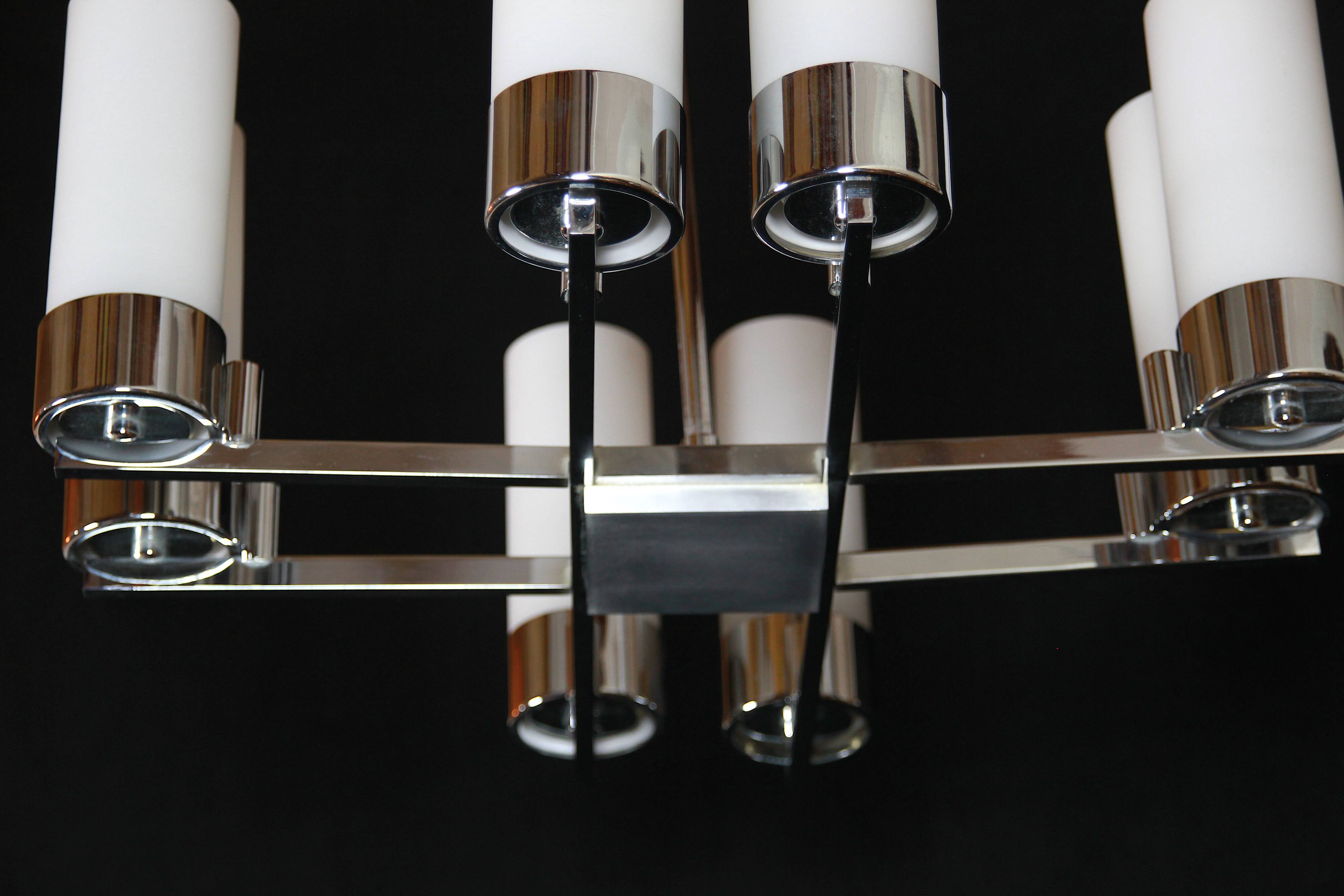 Modernist chandelier, chrome and opaline metal, mid-century france - 8 lights