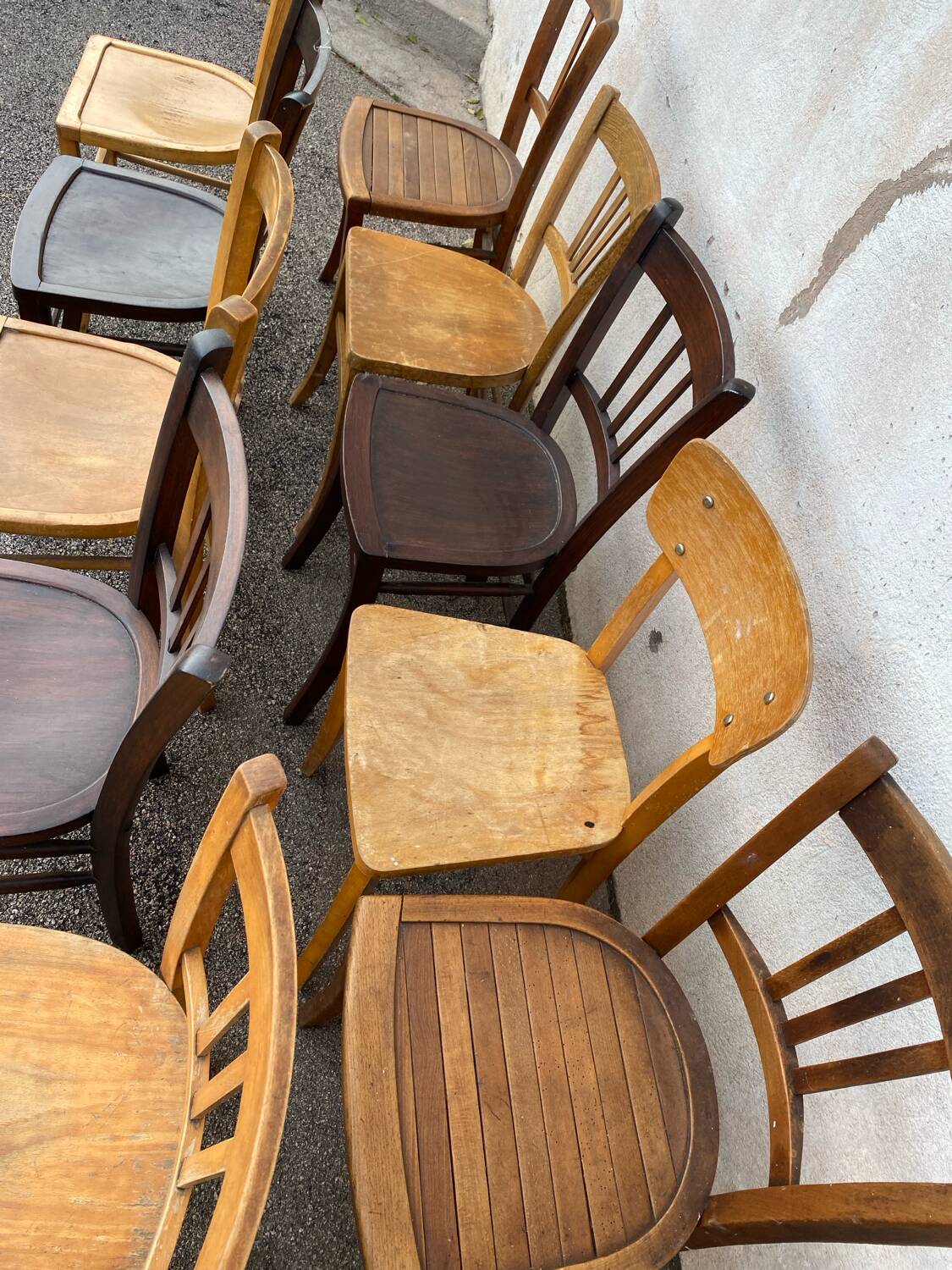 Set of 10 mismatched bistro chairs