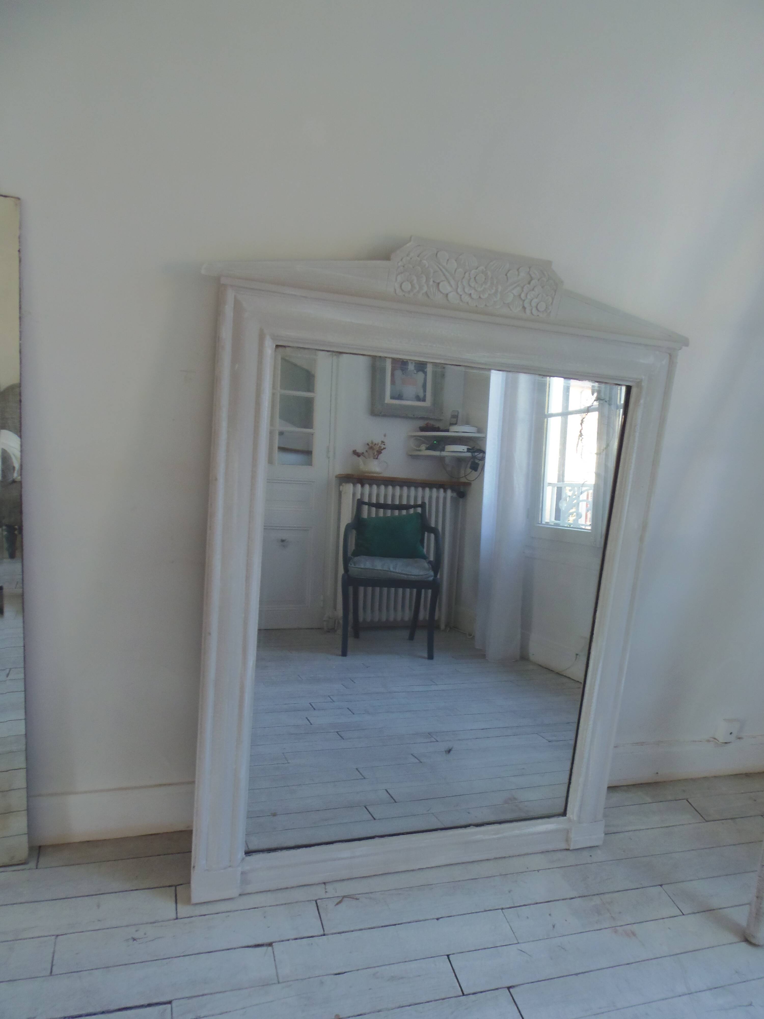 Antique trumeau mirror with pearl grey and powdered white patina
