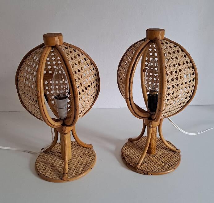 Pair of cane and bamboo lamps