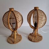 Pair of cane and bamboo lamps