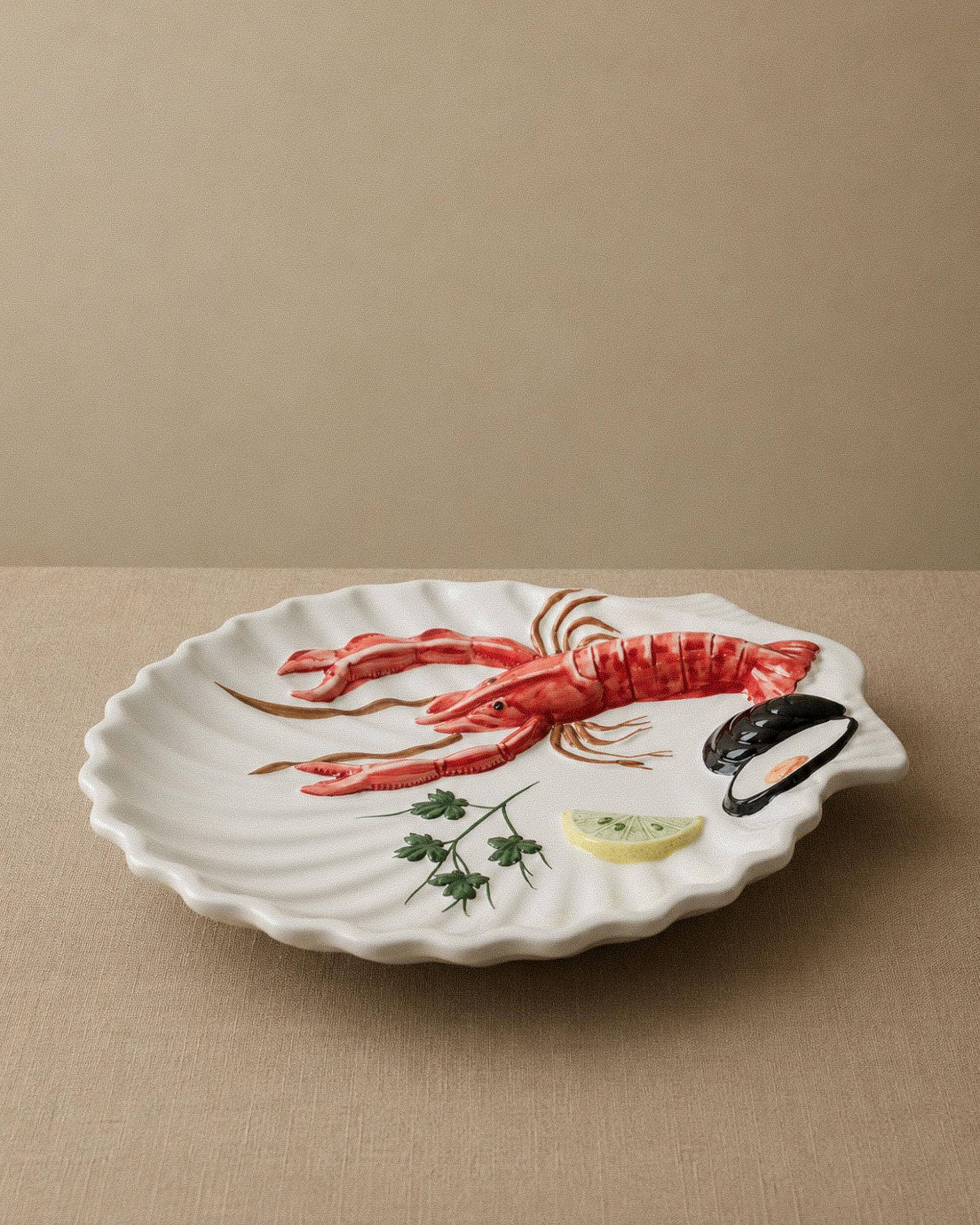 Vintage ceramic serving dish from the 1980s, hand-painted lobster design.