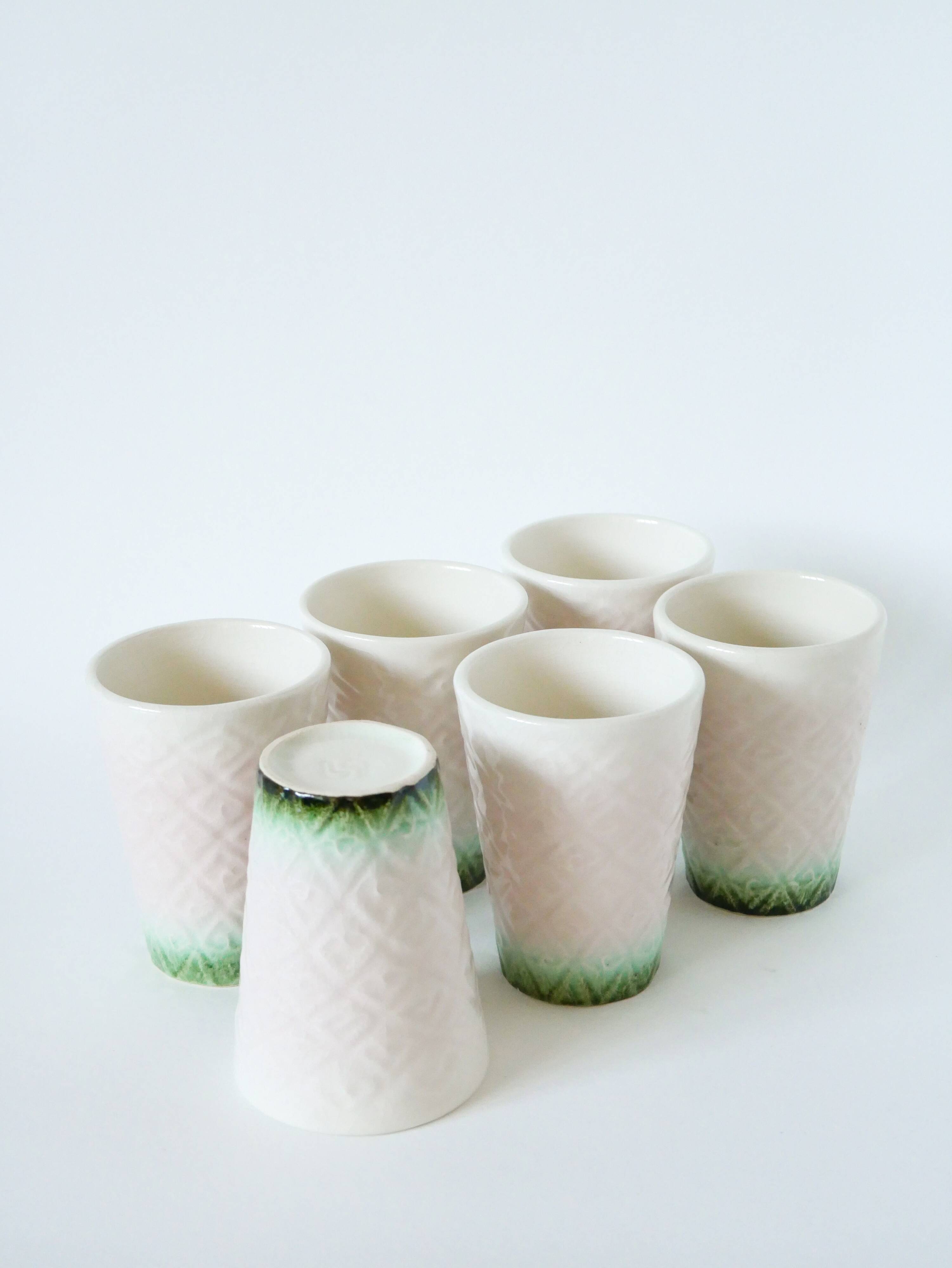 Set of 6 pink and green slip glasses Digoin Sarreguemines, 1970