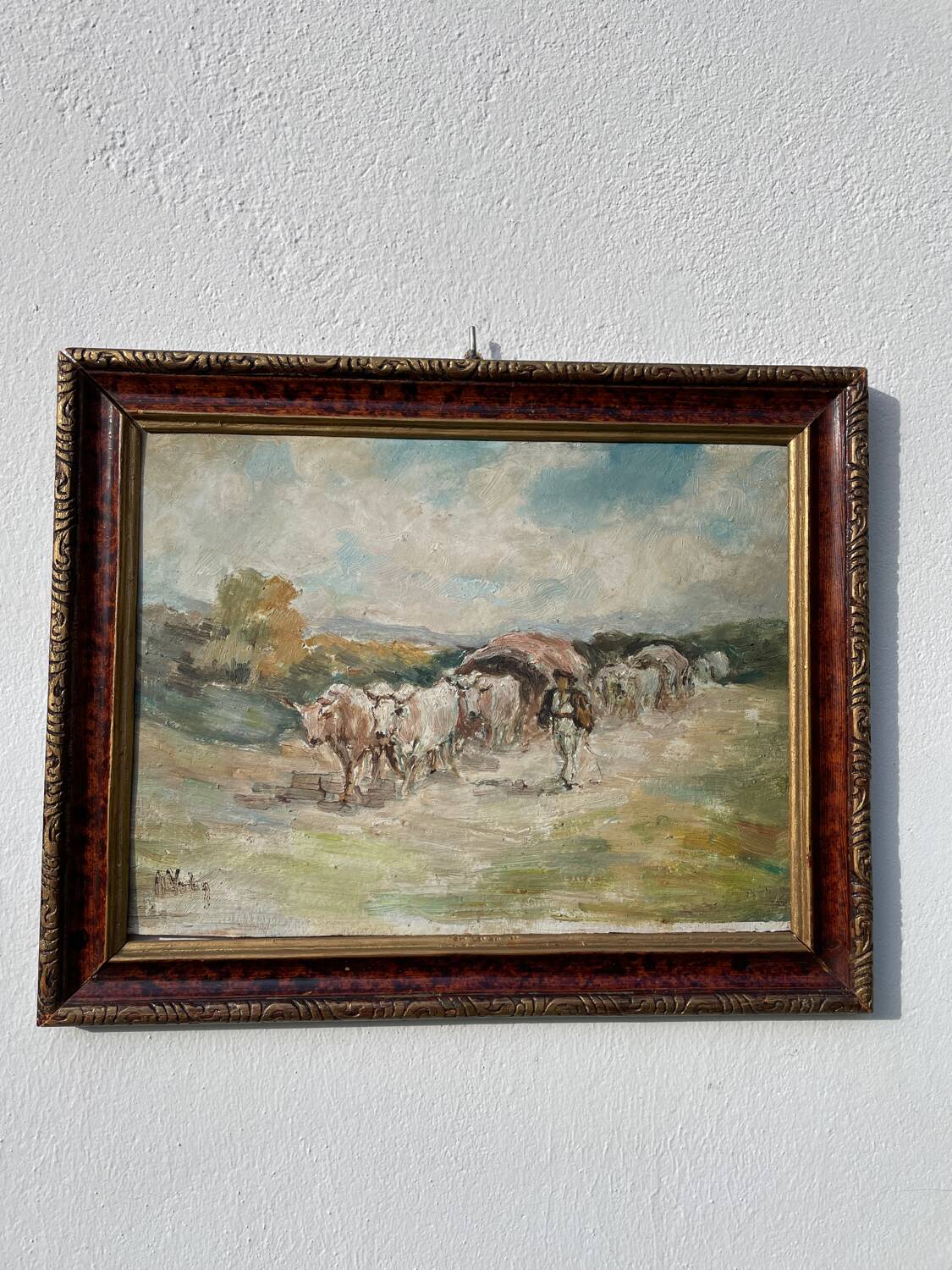 Painting of a Basque shepherd and his cows / antique oil painting