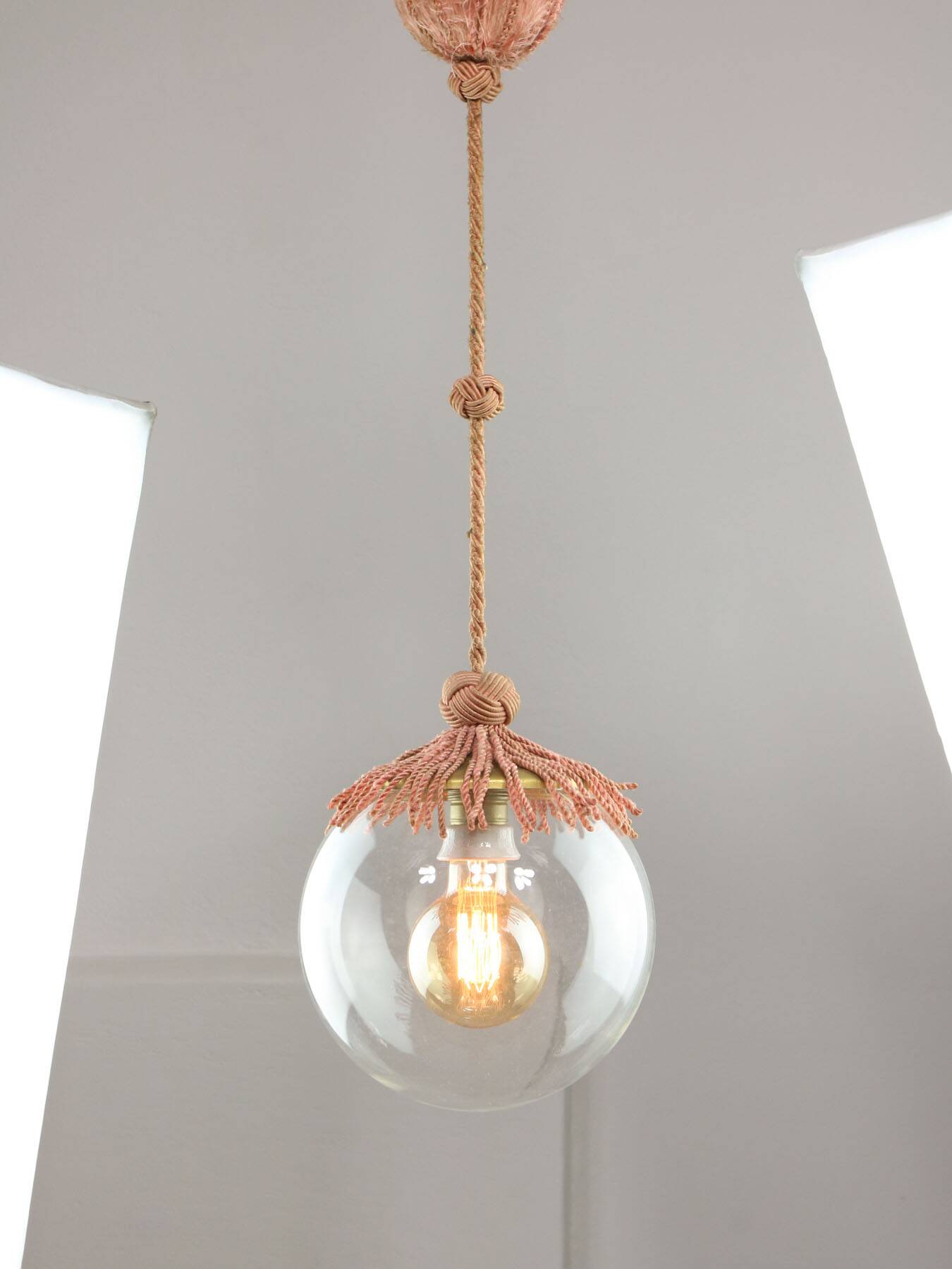 Art Deco Italian Pink Fabric and Brass Globe Pendant Lamp