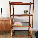 Large rattan shelf, leather strips and smoked glass 70s-80s