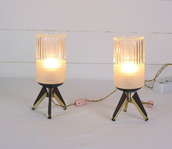 Paire lampes de chevet, Laiton, Teak, Verre de Venise, Italie, 1950