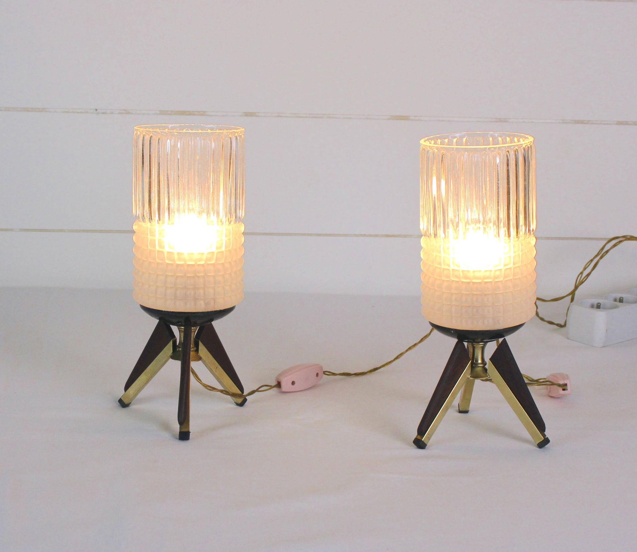 Pair of bedside lamps, Brass, Teak, Venetian glass, Italy, 1950