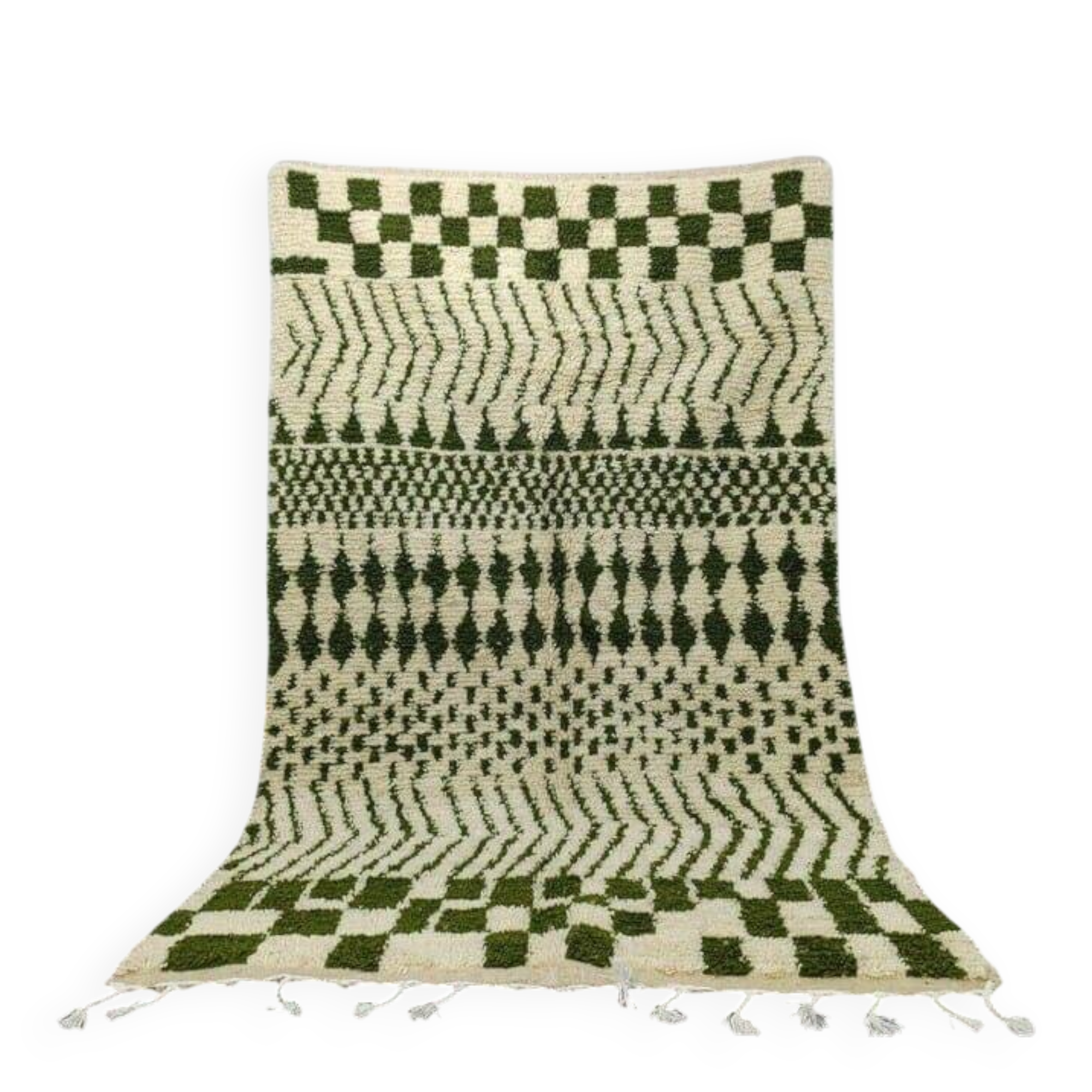 Handmade pure wool rug, green and white, size 140 x 260 cm