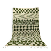 Tapis en laine pure fait main vert et blanc taille 140 x 260 cm