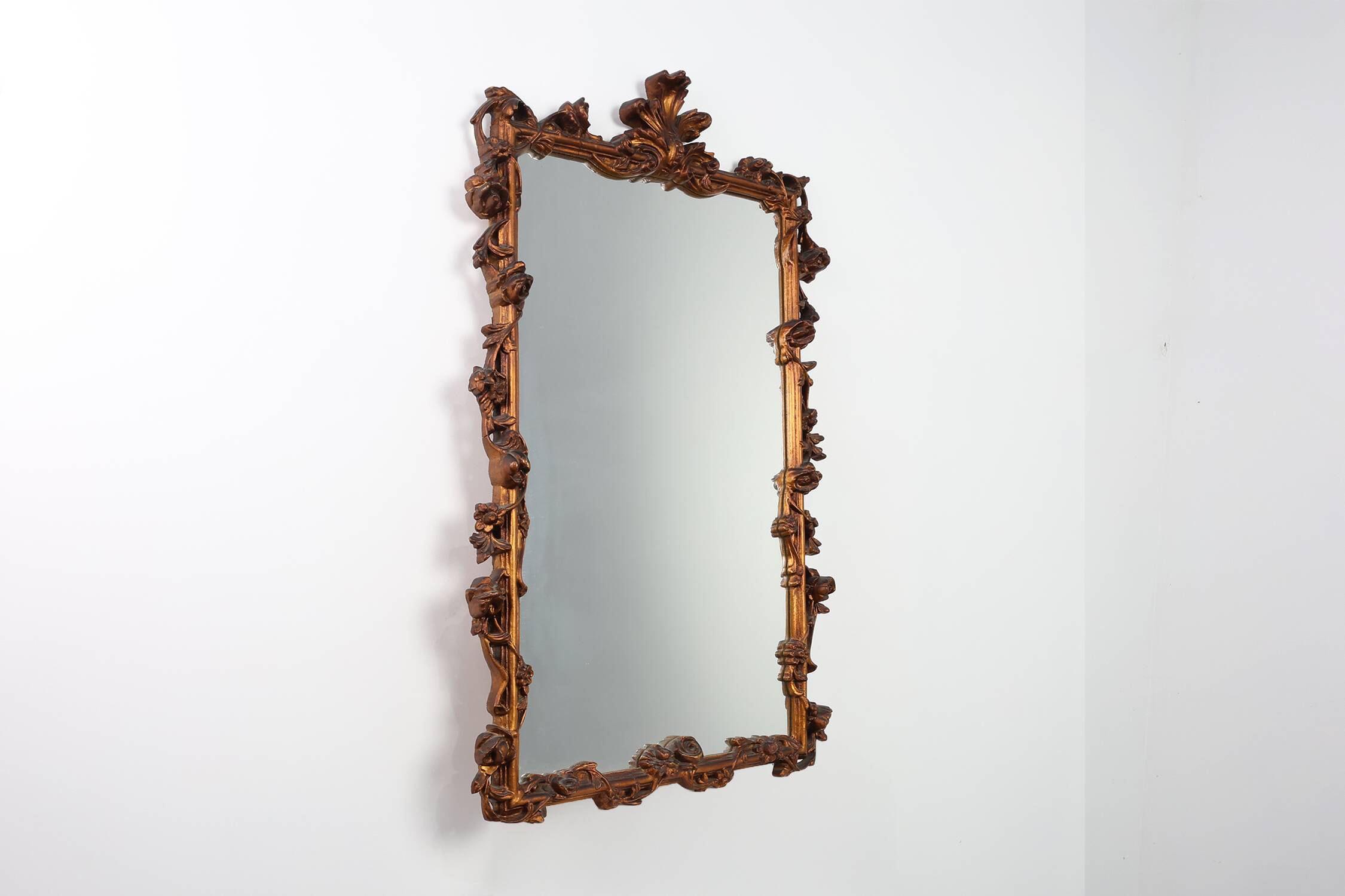 Romantic Wooden Mirror with Floral Details, France 1950s