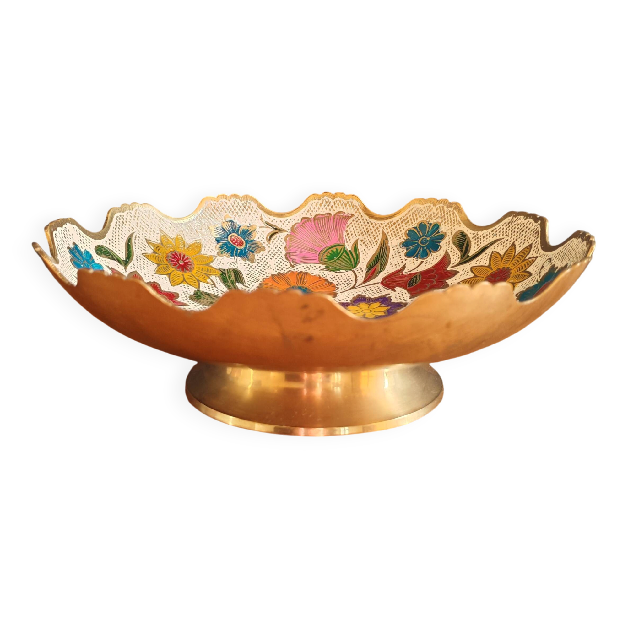 Vintage Enamelled Brass Fruit Bowl – Floral Centrepiece with Edge Fe