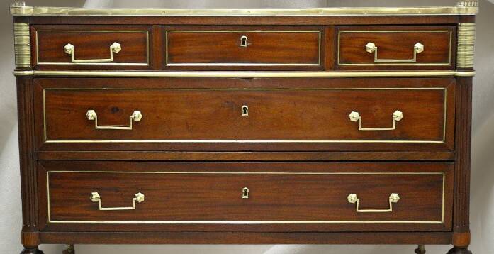 Louis XVI Officer's Chest of Drawers, 19th (19th) Century, Mahogany & Marble