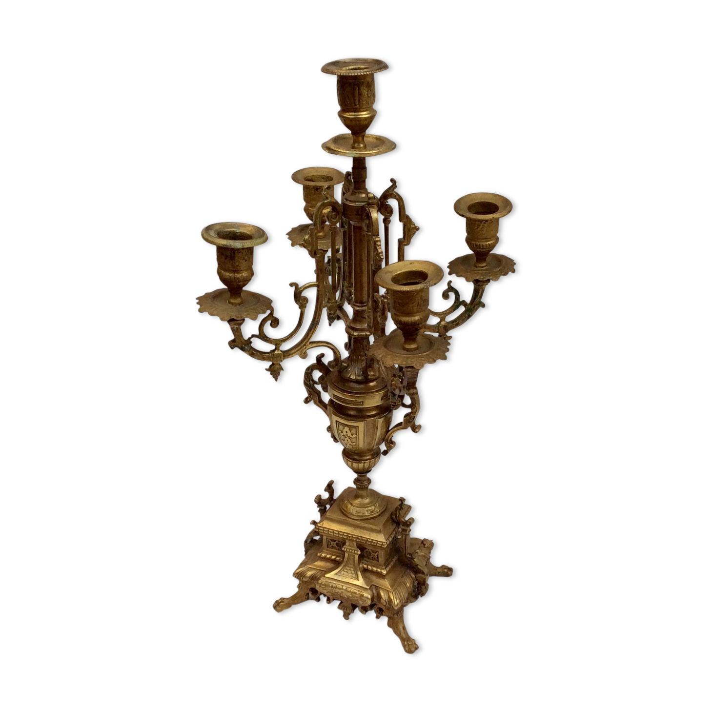 Ancient bronze candelabra 5 branches on a pedestal resting lion legs H-45cm- P-24cm