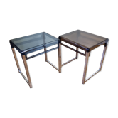 Paire de tables de chevet en plexiglas et chrome bleue et fumé, années 70