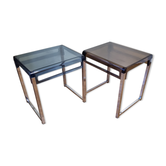 Pair of bedside tables in plexiglass and blue and smoked chrome, 70s