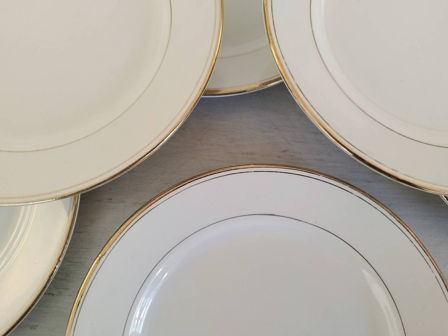 Old Earthenware Dinner Plates Hamage and Moulin des Loups White and Vintage Golden Fillet