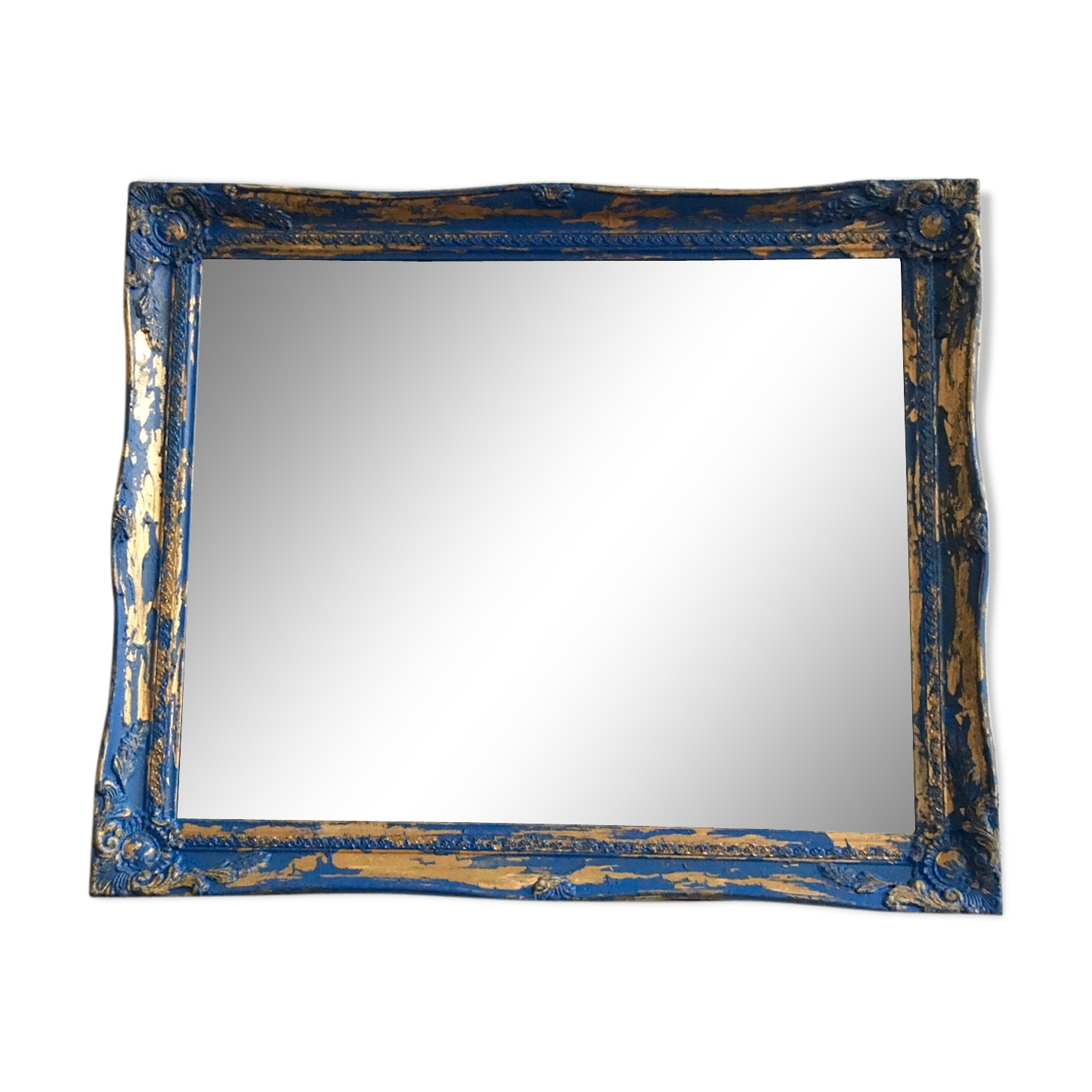 Miroir ancien style Louis Philippe patiné bleu et doré 58x48cm