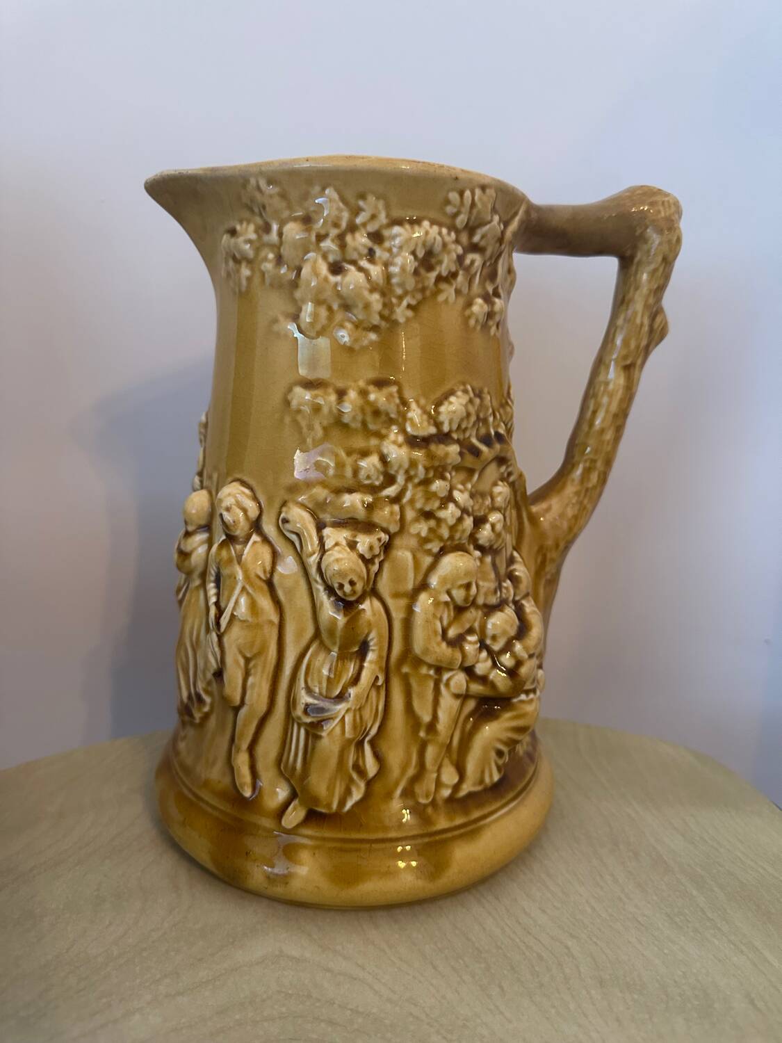 Old large Sarreguemines Majolica earthenware pitcher, vintage slip