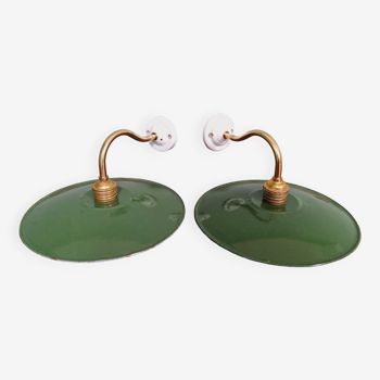 Pair of industrial wall lights in brass and green enameled sheet metal