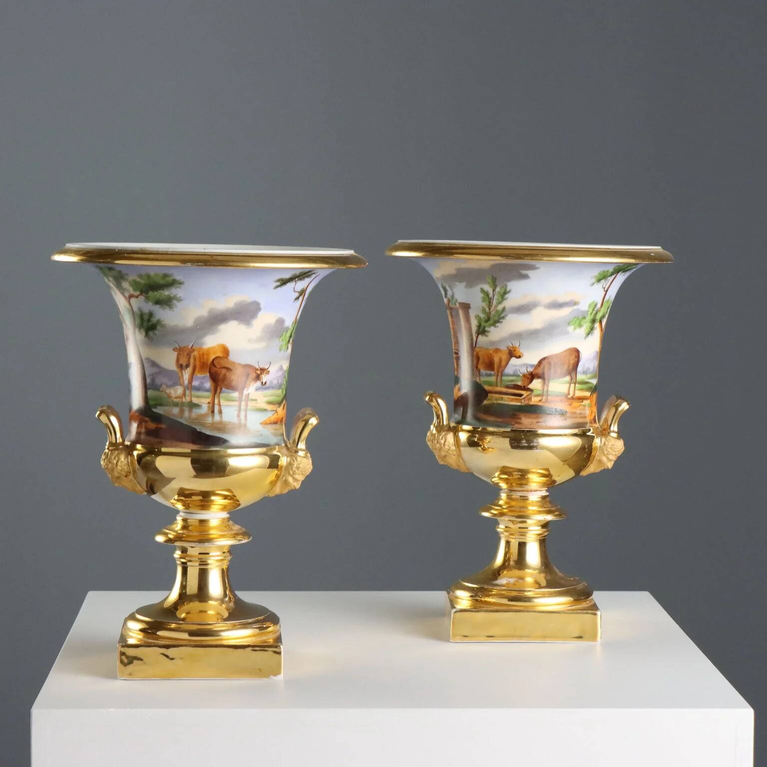 Pair of antique painted and decorated porcelain vases, France, 19th century.