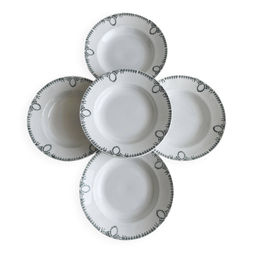 5 assiettes creuses, terre de fer, assiettes anciennes françaises, Saint Amand,