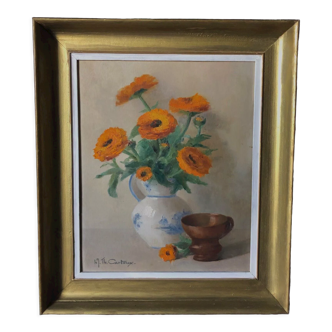 OIL ON PANEL BY HL TH CARTOUX STILL LIFE BOUQUET OF TWENTIETH MARIGOLDS