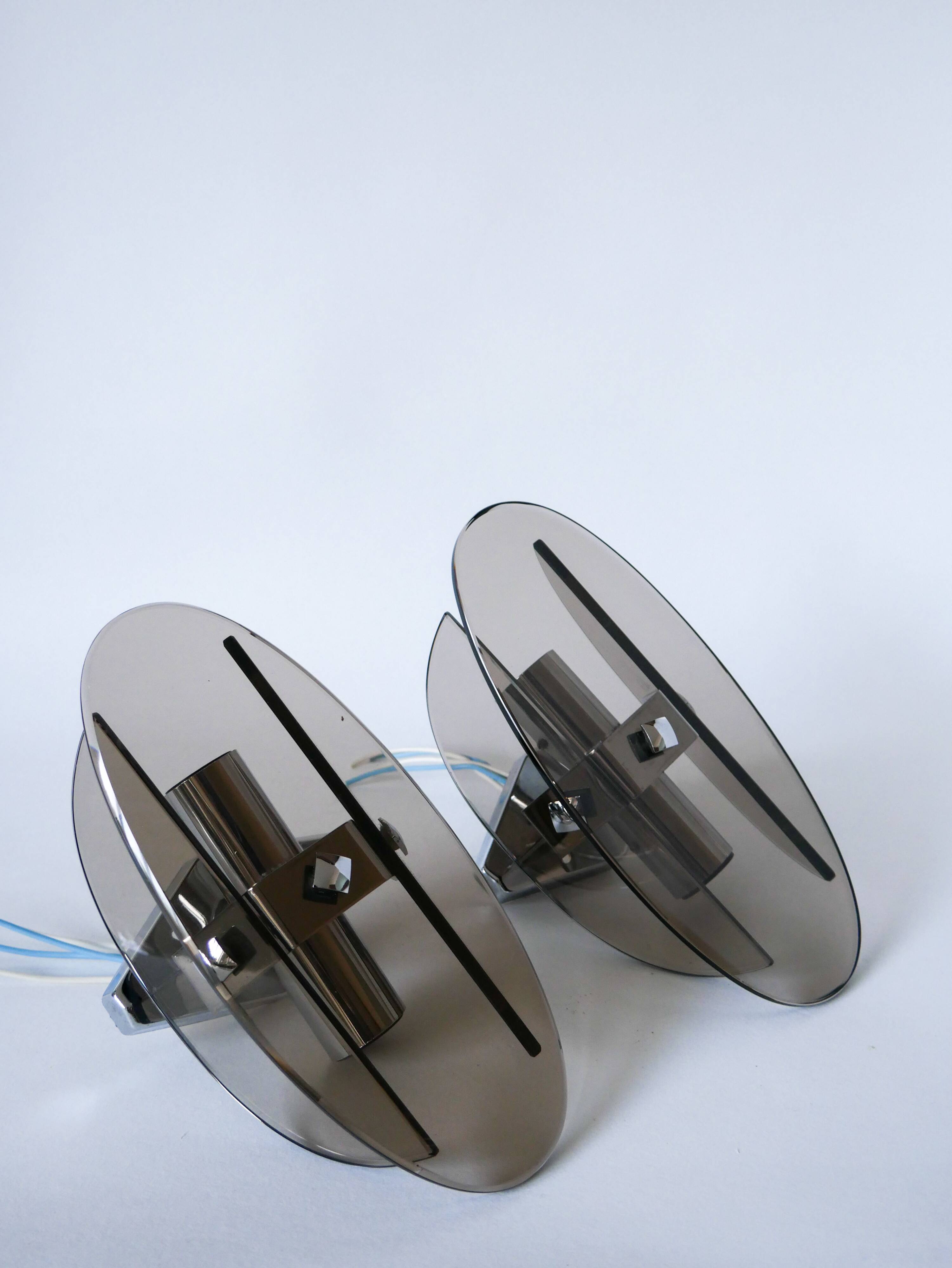 Pair of space age design smoked glass wall lights made in Italy 1970