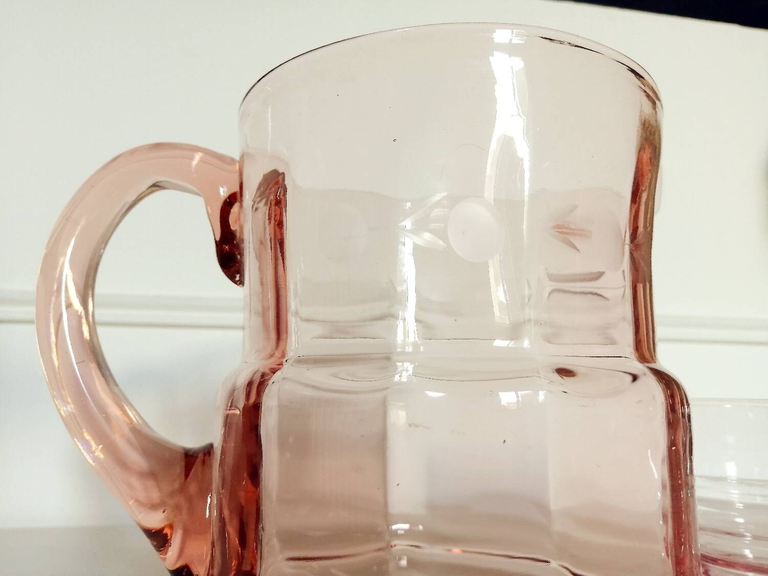 Pitcher and 2 glasses in pink glass