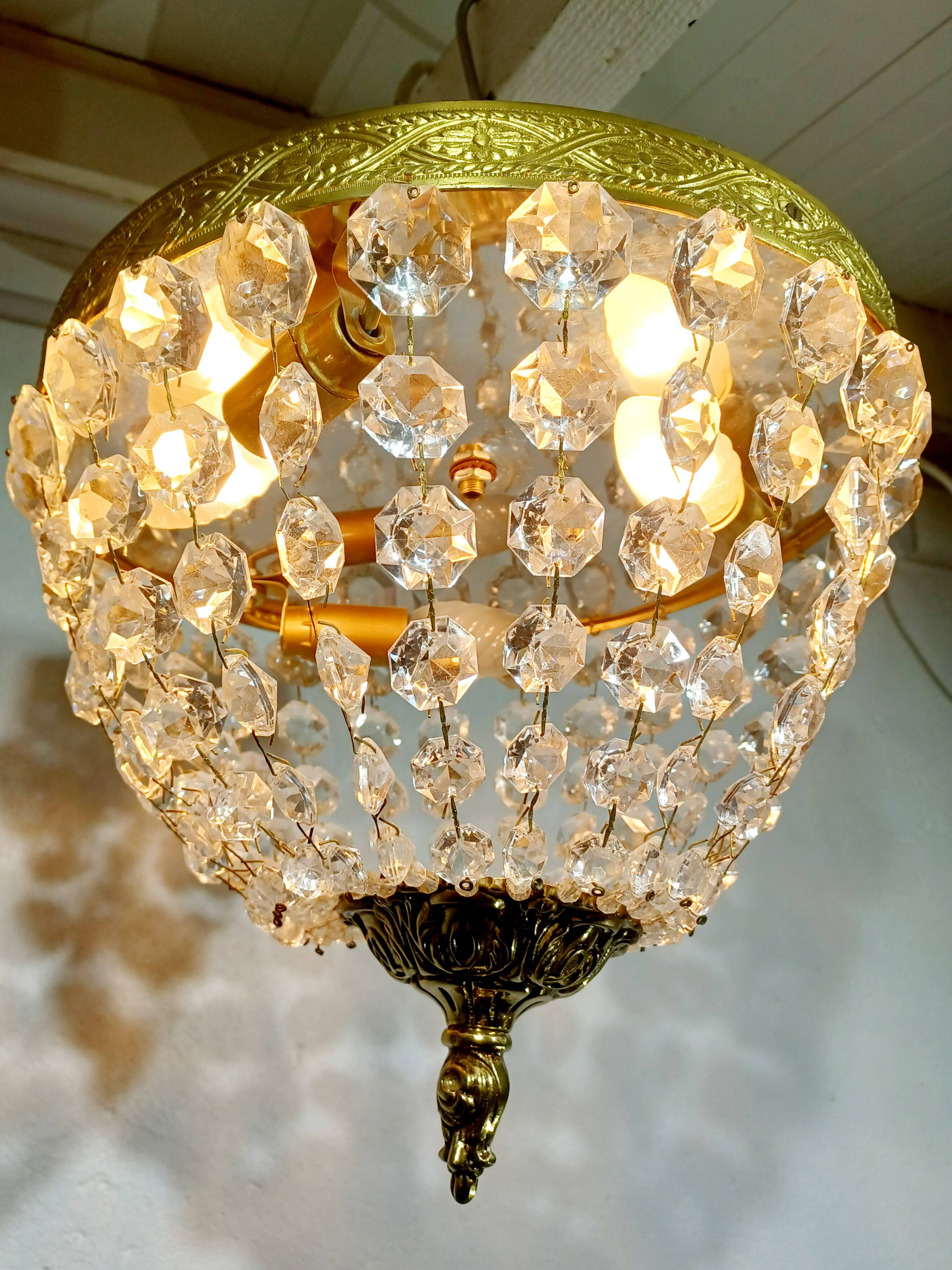 Plafonnier 3 lumières bronze et cristal