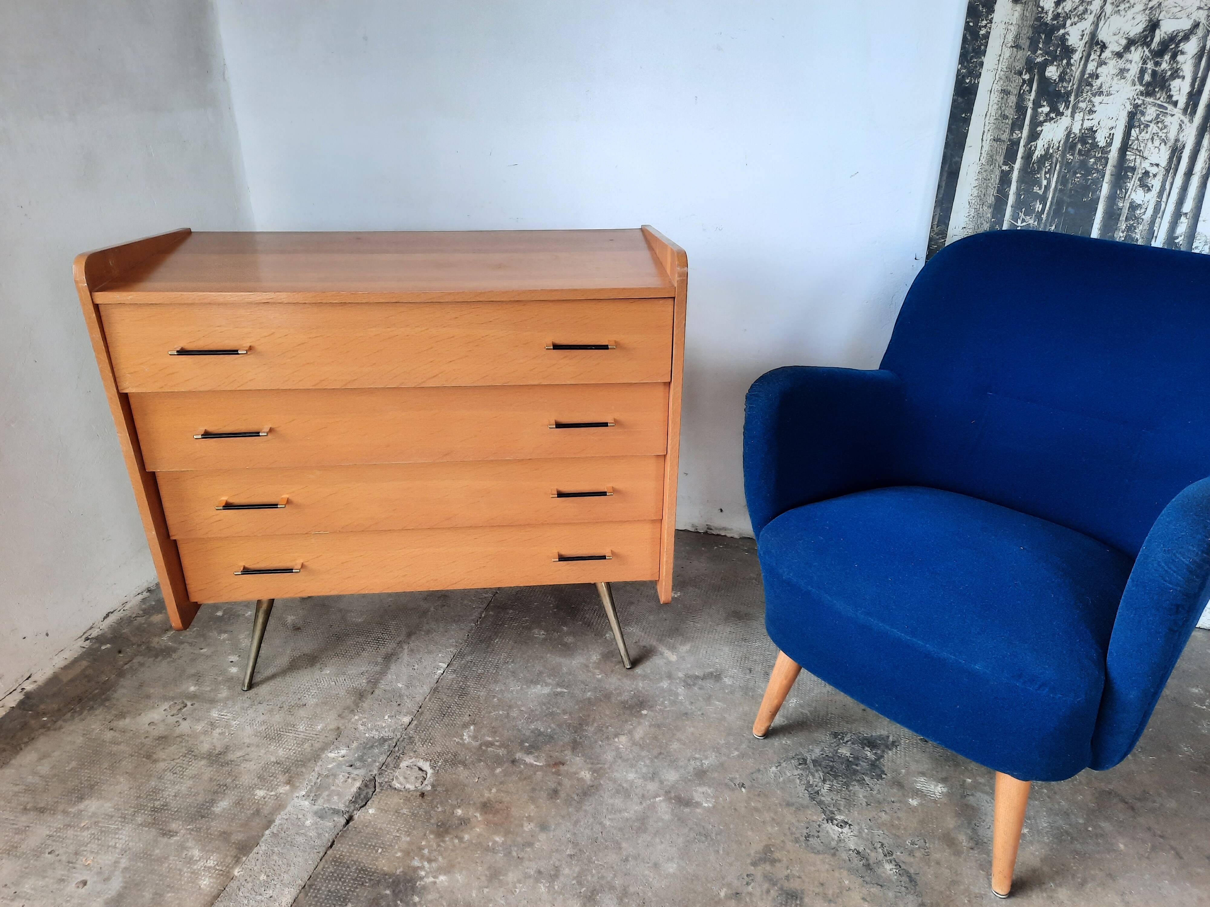 Vintage light oak chest of drawers, brass base