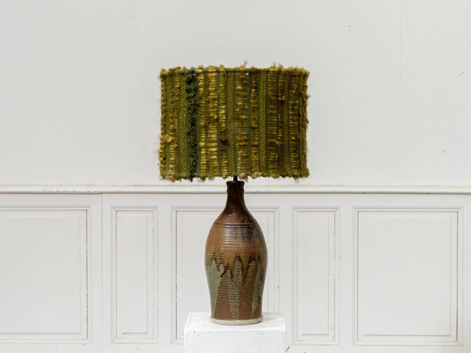 Vintage ceramic lamp with green wool shade, 1960s.