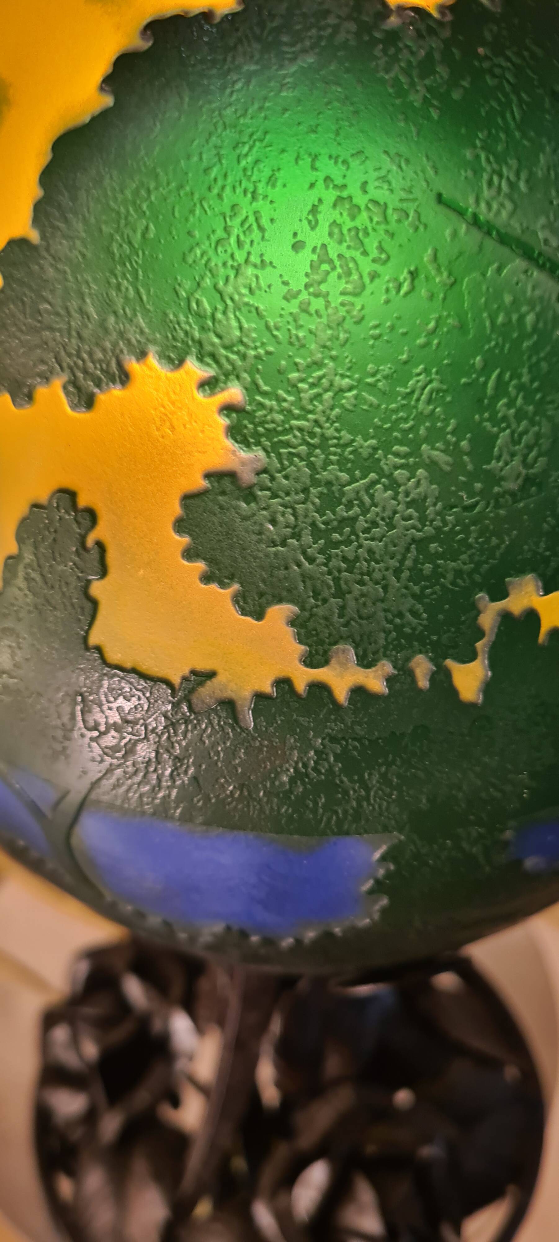 Wrought iron lamp with superb Emile Galle art nouveau lampshade, acid-free in multi-layer