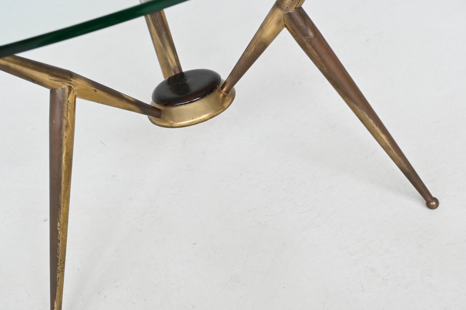Italian tripod triangle coffee table brass and glass Italy 1950