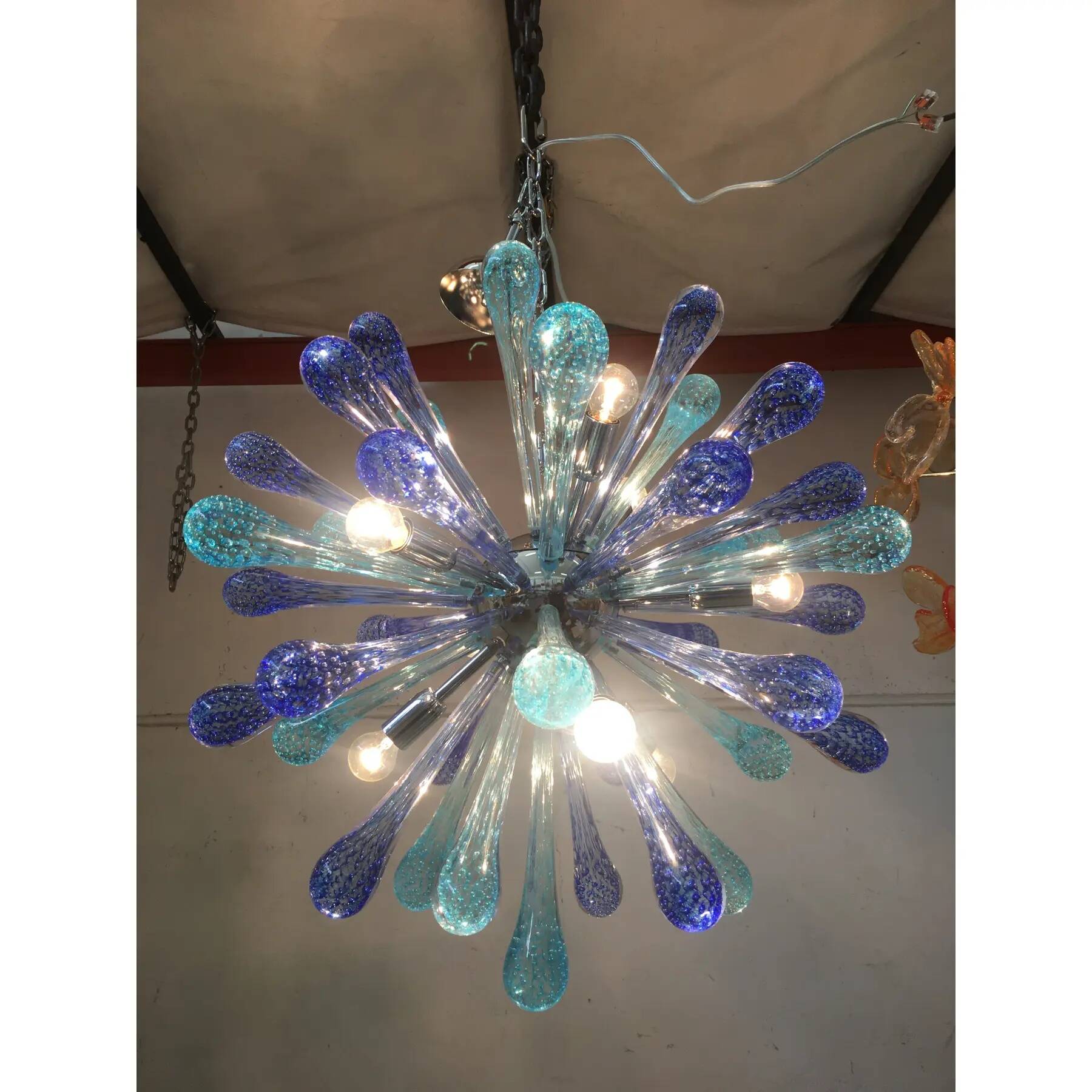 Murano Glass Sputnik Chandelier, Blue Air Drops, with Chromed Metal Frame