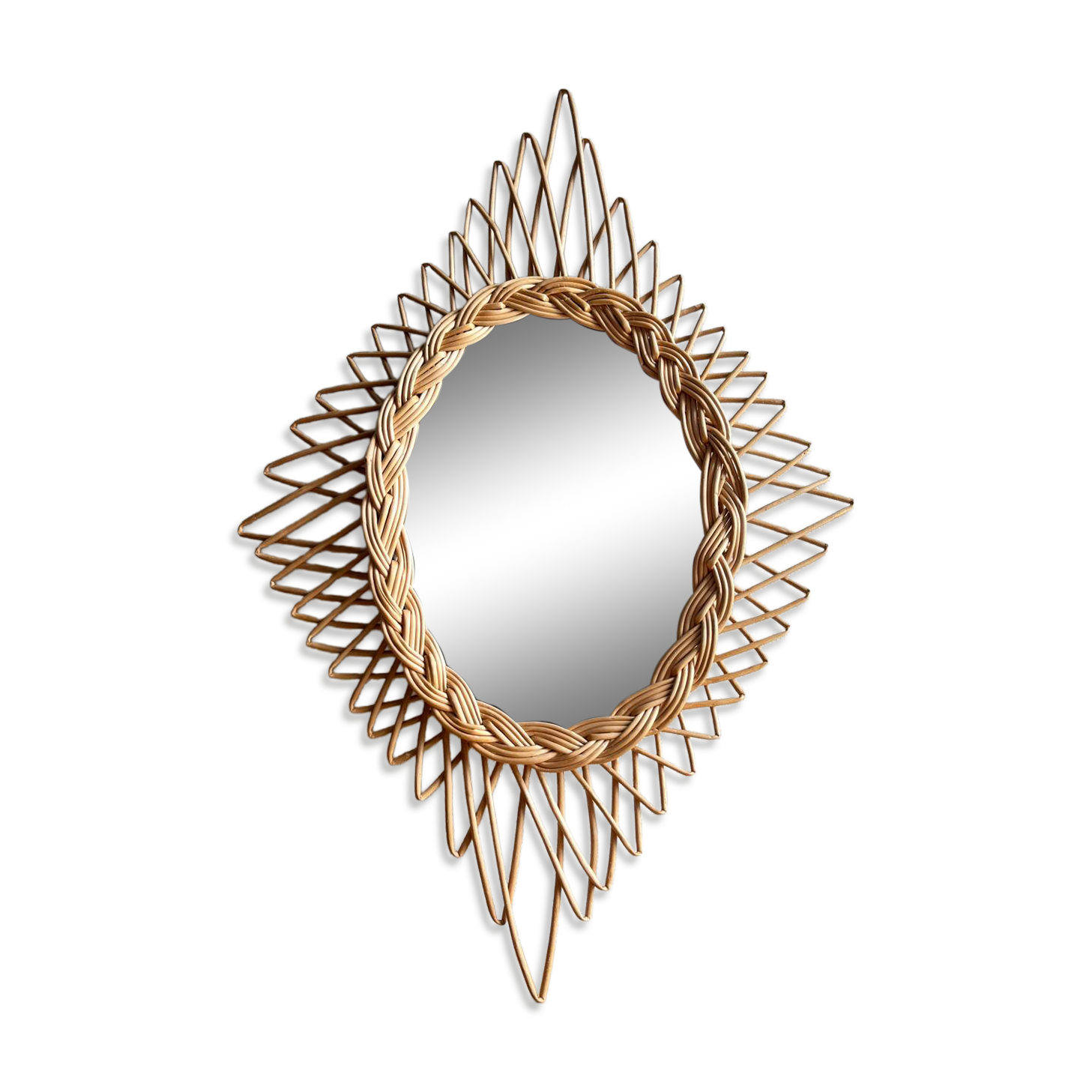 Vintage rattan mirror in star/diamond shape