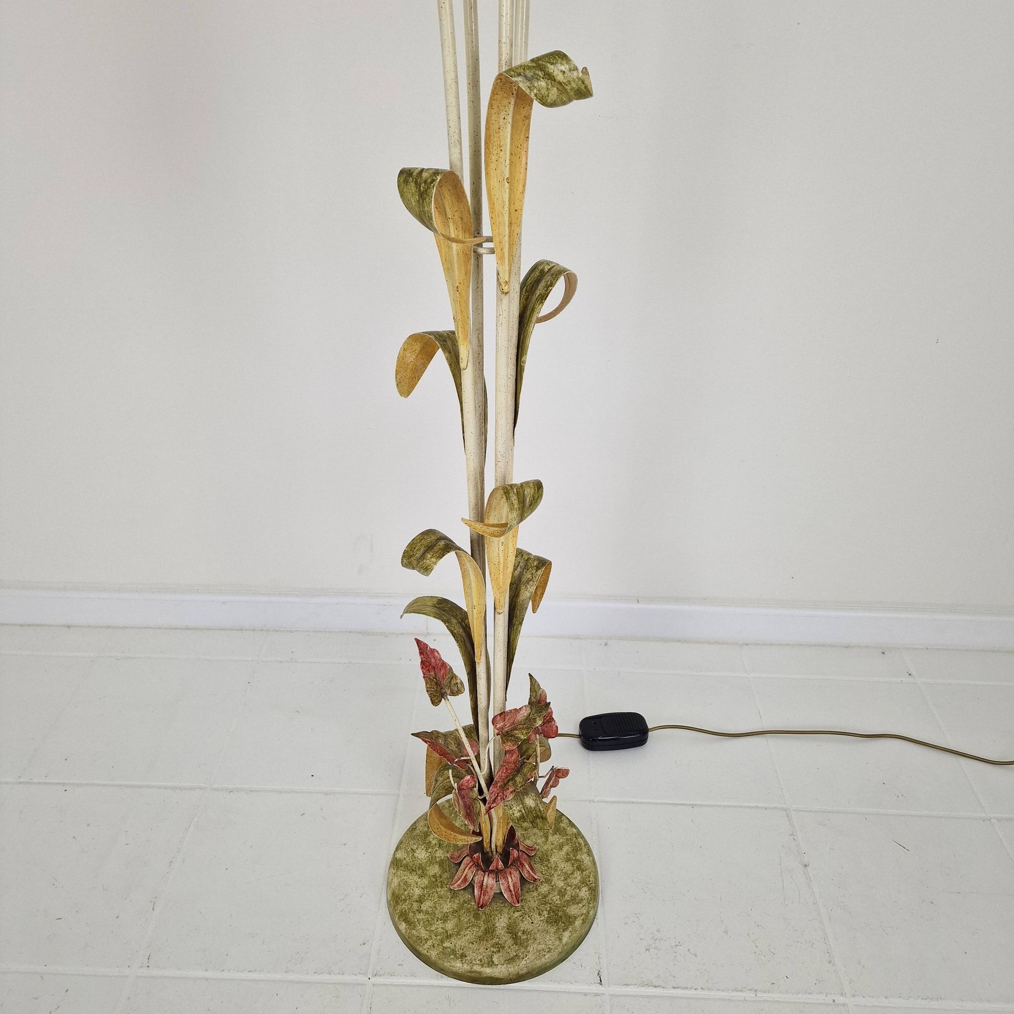 Italian Floor Lamp with Metal Stems, Leaf Details and Murano Glass Flowers