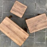 Lot de 3 tables gigognes brutalistes en chêne massif