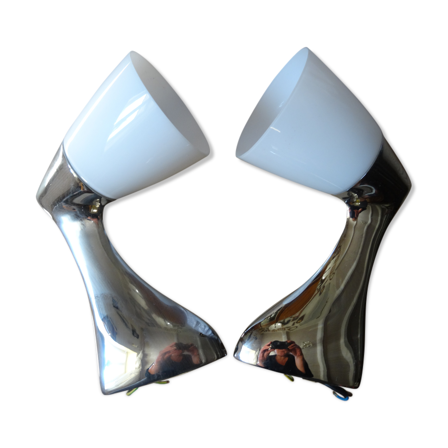 Pair of stainless steel and opaline wall lamps