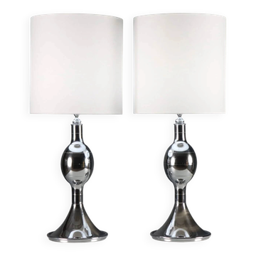 Pair of vintage table lamps in chrome metal and fabric, Italy, 1970s-1980s.